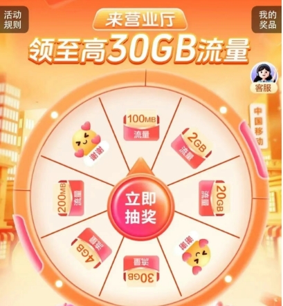 移动全国用户|抽奖得30GB流量日包券礼包